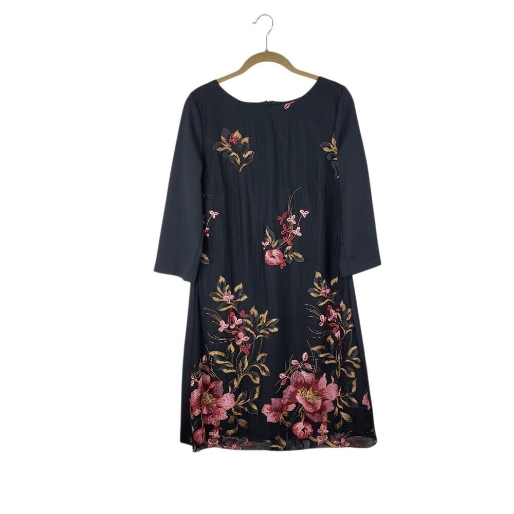 Marisa and Marie NEW Embroidered Floral Mesh Overlay 3/4 Sleeve Black Dress L